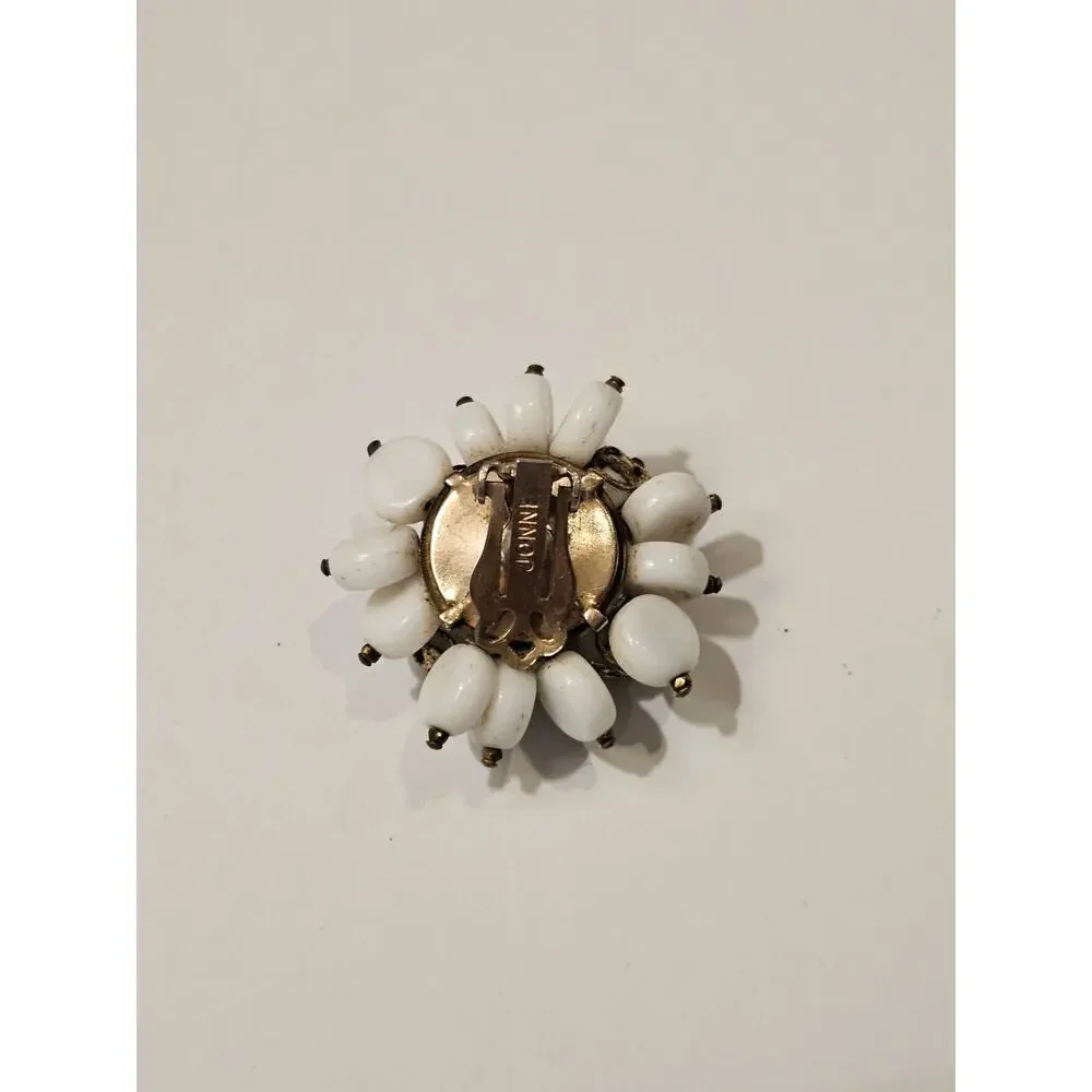 Vintage Jonne Signed‎ Cluster Clip-On Earrings White Gold Tone Beads